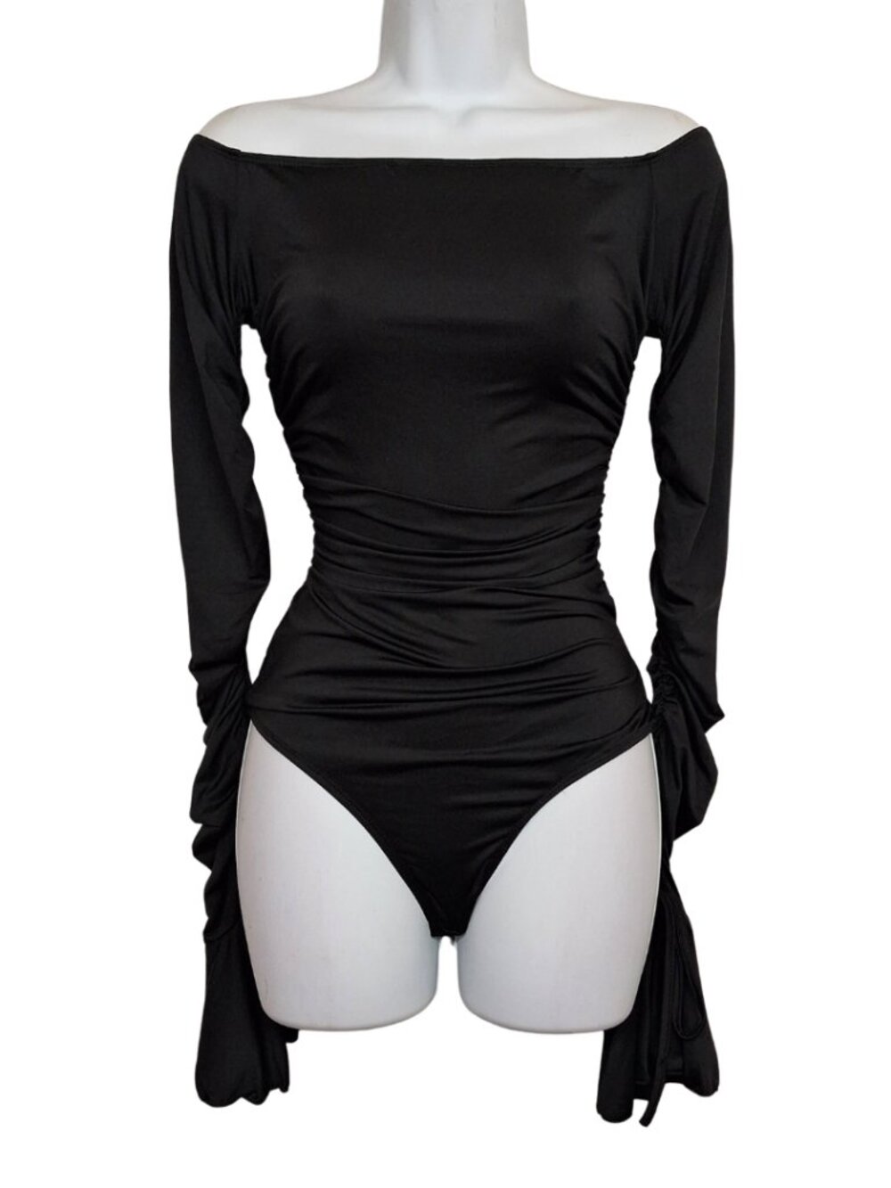 WDIRARA Bodysuit Black Off-Shoulder Ruched Long Sleeve Stretchy Small NWT